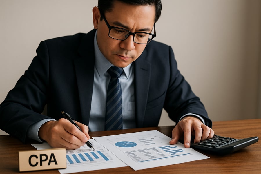 CPA working on financial documents at a desk