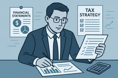 Illustration of a professional reviewing financial documents and tax strategies